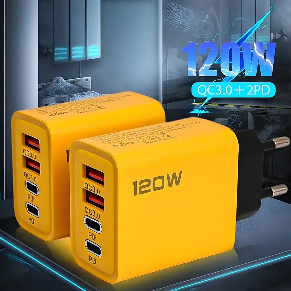 120W USB C Charger 4-Port PD QC3.0 Fast Wall Type C Adapter EU US UK Plug Mobile USB Type C Charger Quick Charger3.0 Travel USB