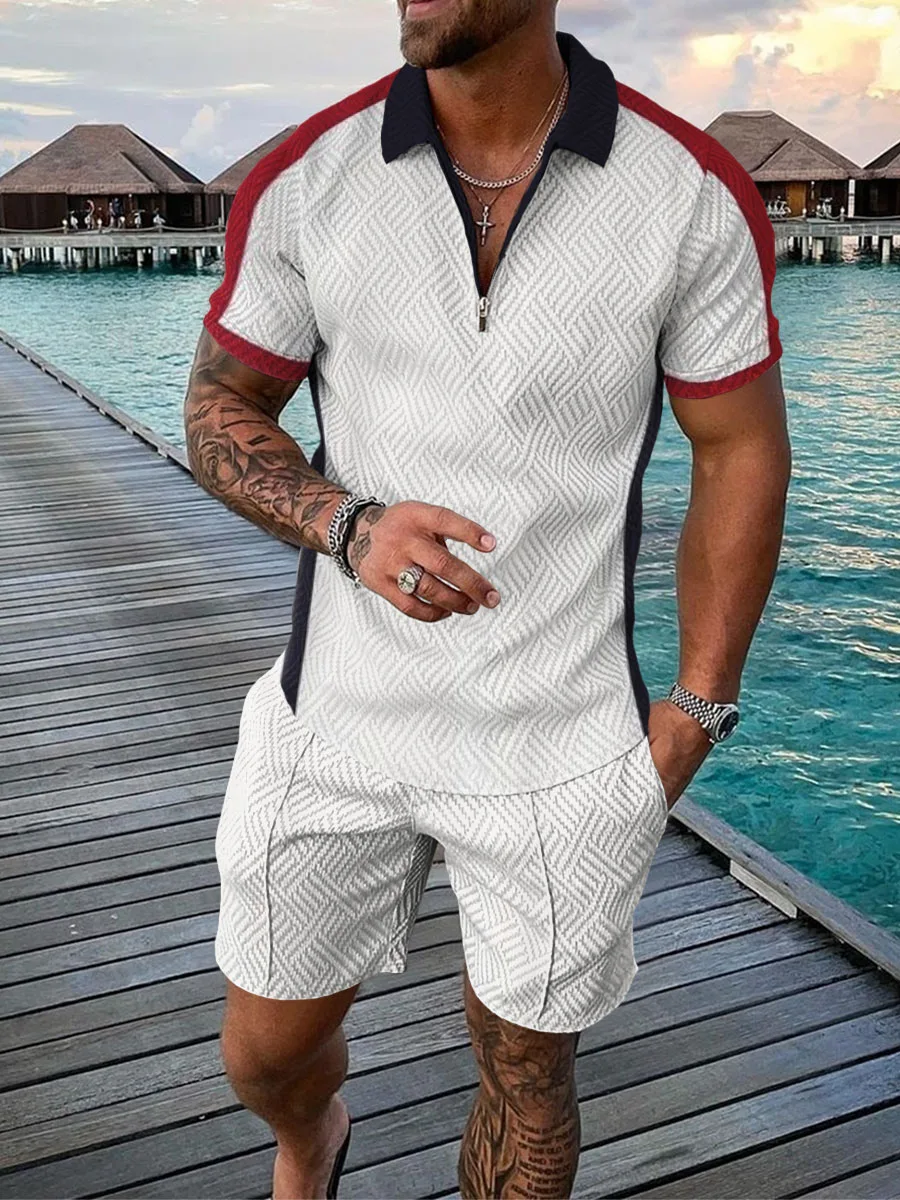 2023 New Summer Men\'s Shorts Set Short Sleeve Zip Polo Shirt Street T-shirt Two Piece Casual Sportswear