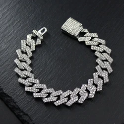 Hip Hop 15MM Rhinestone Prong Iced Out Cuban Link Chain Bracelet Men Women Silver Gold Color Rhombus Cuban Bracelets Jewelry