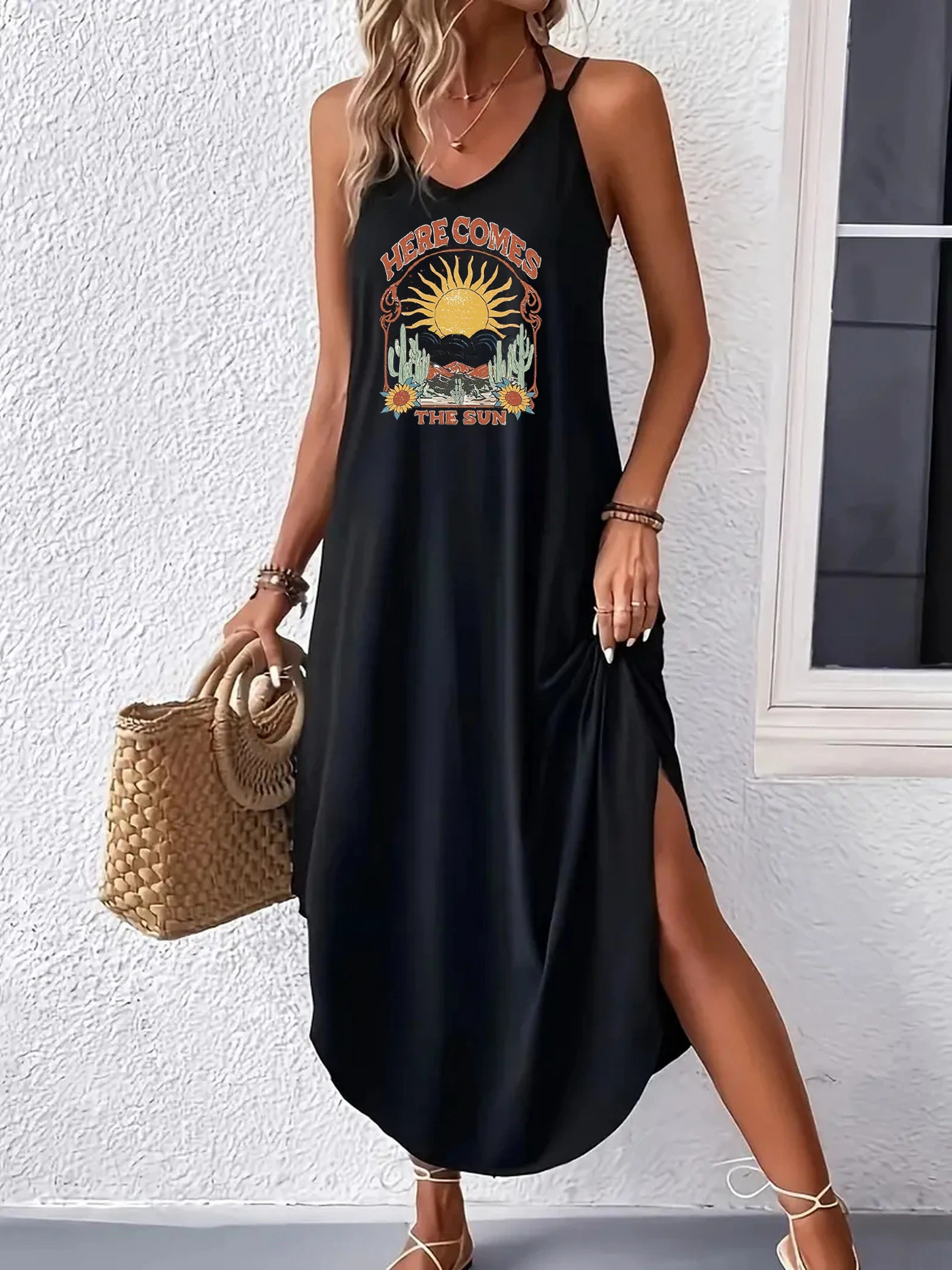 letter  Print  Curvy Hem Cami Dress, Sexy Sleeveless Spaghetti Strap Loose Maxi Dress, Women's Clothing