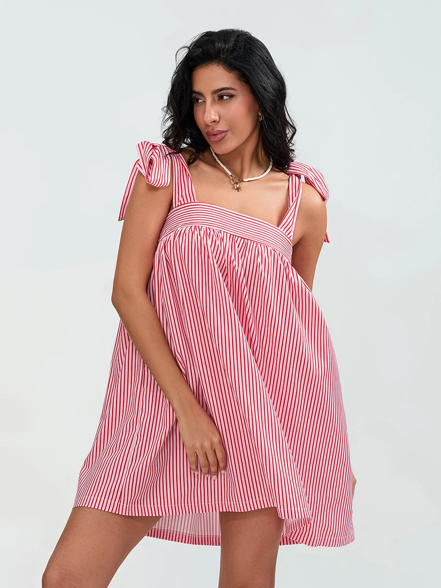 Vestido acampanado sin mangas para mujer, vestido informal de verano con estampado de rayas florales y tirantes, vestido de fiesta suelto para ropa de calle de playa