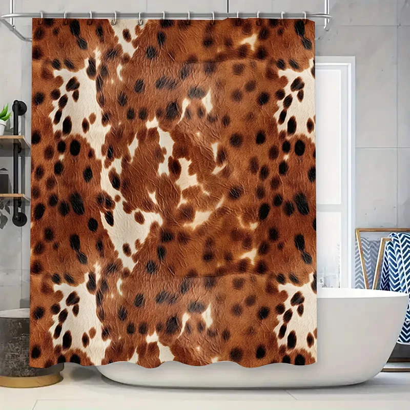 

Animal Print Shower Curtain White and Brown Leopard Design for Bathroom Decor Waterproof Bath Mat Set with 12 Hook Rings (B)