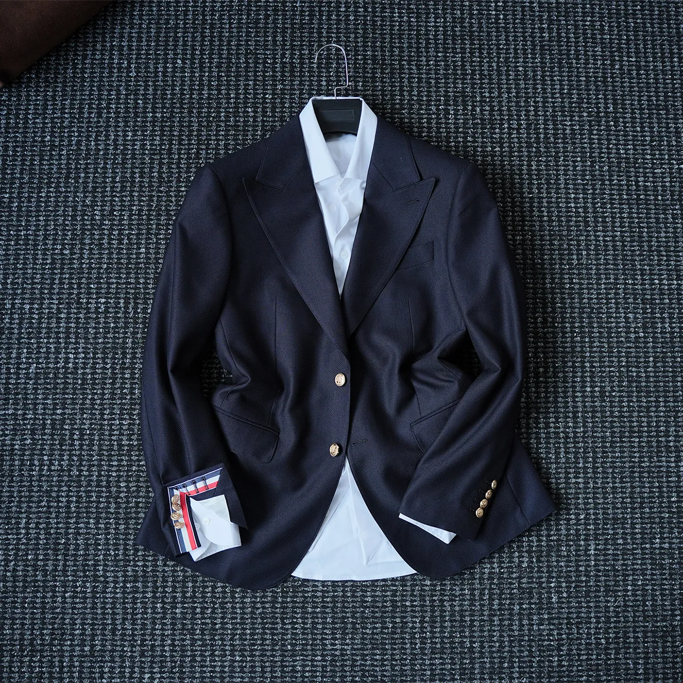 

Men's and gentlemen's elegant navy blue double-breasted yuppie suit