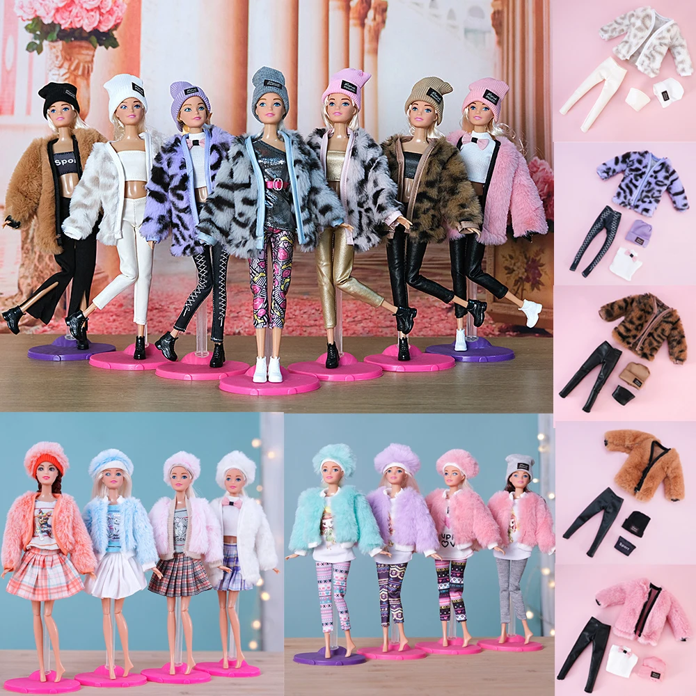 4Pcs/Set Plush Coat+Hat+Top+Pants/Skirt Casual Outfit For 11.5Inch Barbis&BJD Doll Clothing Accessories Jacket Girl's Pop Toys