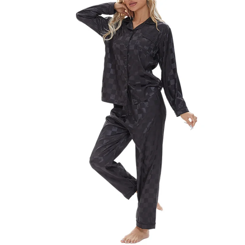 Women's Silk Satin Pajamas Sets Checkered Print Button Down Long Sleeve Tops and Pants Two Piece Pj Sets Lounge Home Wear