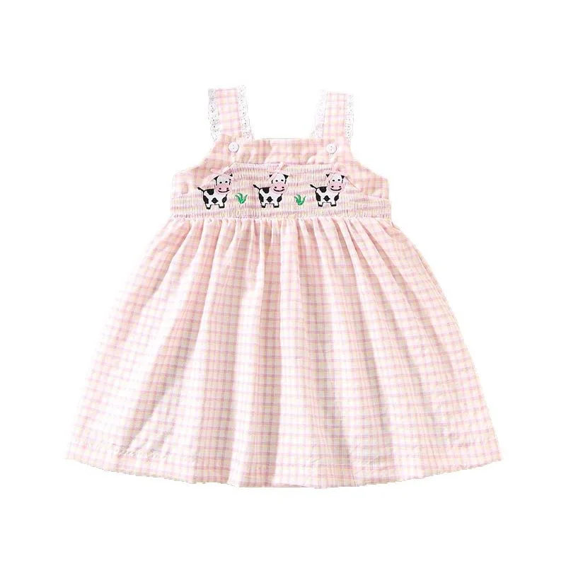 

Summer Spanish Style Girls Plaid Smocked Dress Embroidered Suspender Dress Cute Princess Cotton Casual Party for Toddler Kids