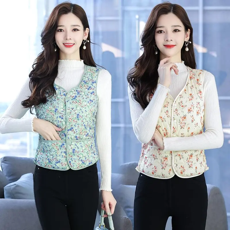 Large Size Cute Floral Aesthetic Warm Fleece Lined Quilted Vest Jackets Women Casual Sleeveless Padded Gilet Winter Outerwear