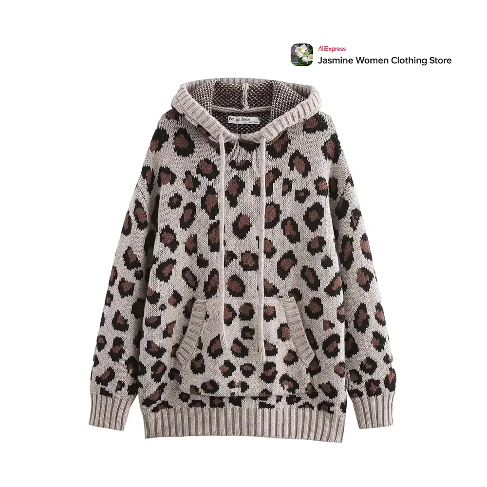 Animal Jacquard Knit Sweatshirt Y2k Harajuku Women's Leopard Hoodie with Drawstring Adjustable Hood&Ribbed Trims Long Sleeve Top