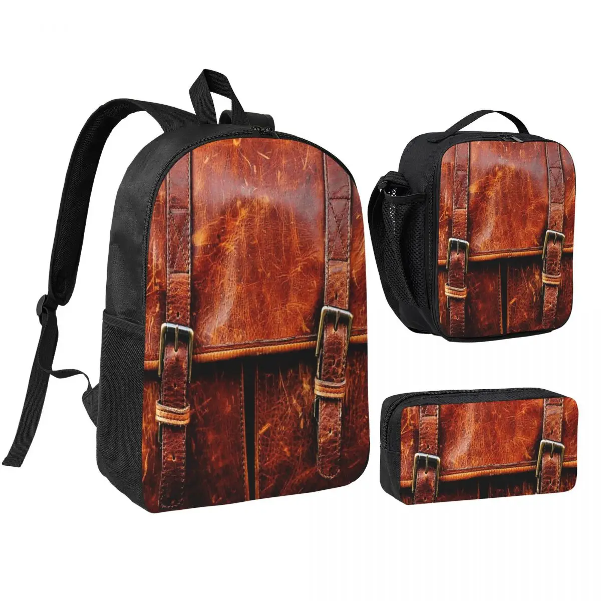 

LEATHER Backpack Student BookBag School Bag Shoulder Bags 3ps Insulated Lunch Bag Pencil Case