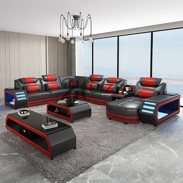 European Modern Living Room Furniture Leisure Genuine Leather Sectional Corner LED Sofa