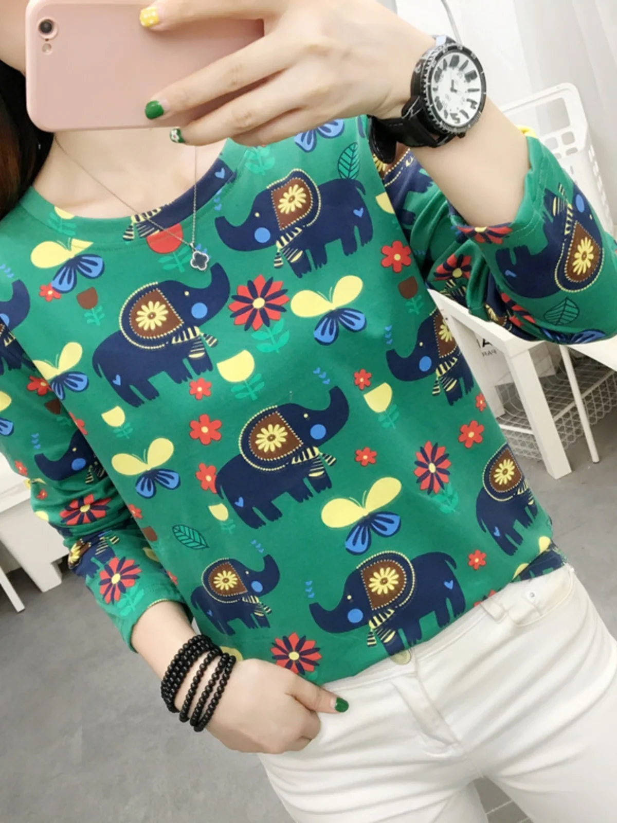 Spring 2024 Green Print round Neck Slim Fit Top Versatile Base Shirt Trendy Commute Style Long Sleeve Polyester Spandex Blend
