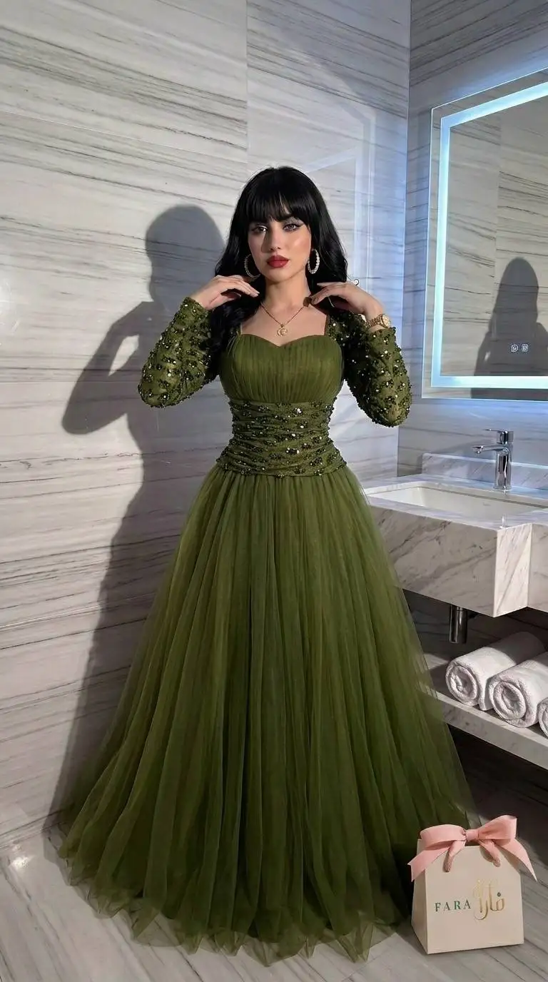 Customized Sequin Embroidered Evening Dress Sweetheart Long Sleeve Wedding Party Gown Olive Green Tulle Formal Maxi Dresses