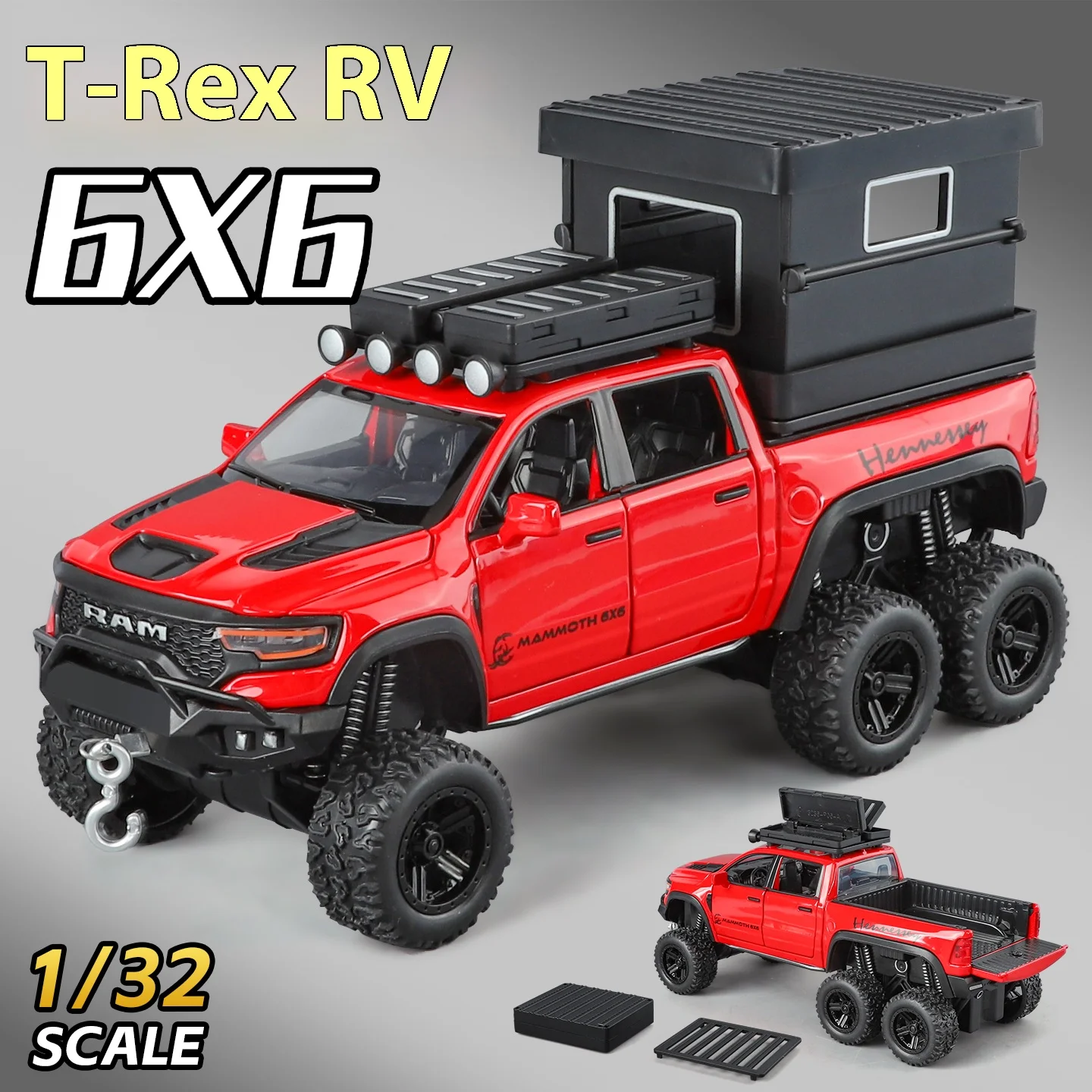 

Модель пикапа Тираннозавр 6X6 в масштабе 1:32 с имитацией звука и света, внедорожник Мамонт, украшение, игрушка для мальчика