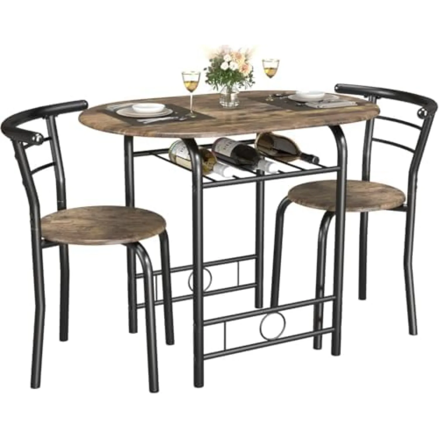3-Piece Wooden Round Table & Chair Set, Kitchen Breakfast Nook | Space Saving, Wood Grain Tabletop with Metal Frame and
