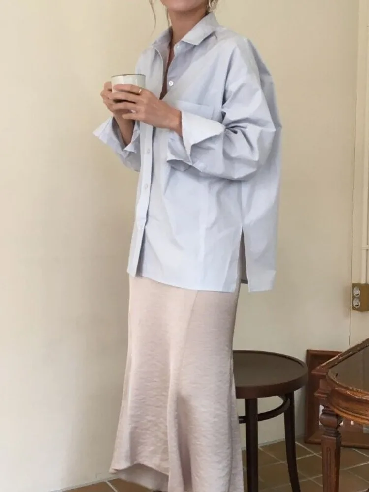 Csa de Manga Larga Estilo Básico Chic para Mujer, Cierre de un Solo Botón, Abertura Lateral, Blusa Hoada Informal para O...