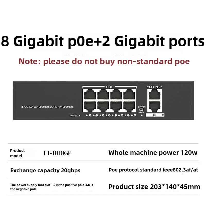 48V PoE Splitter/Switch with Gigabit Ethernet 8 Port and Compatible with Hikvision and Dahua