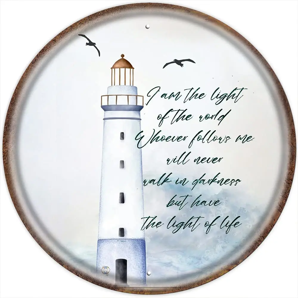 

Nautical Lighthouse Bible Verses Round Tin Sign Funny Iron Painting Circle Sign Beach Themed Bathroom Decorations Christian Scri