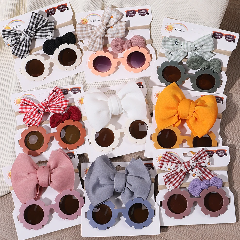 2/3Pcs/set Kids Sunglasses Headband Set Baby Elastic Nylon Headband Bohemia Beach Seaside Sun Glasses Kids Bow Headwear Gift