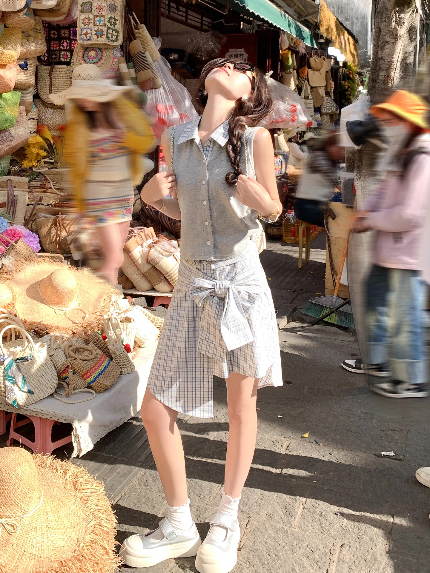 

Casual Korean Plaid Splicing Sleeveless Vest Top Women's A-Line Skirt Spring Set Bridesmaid Ensemble Summer Fashion