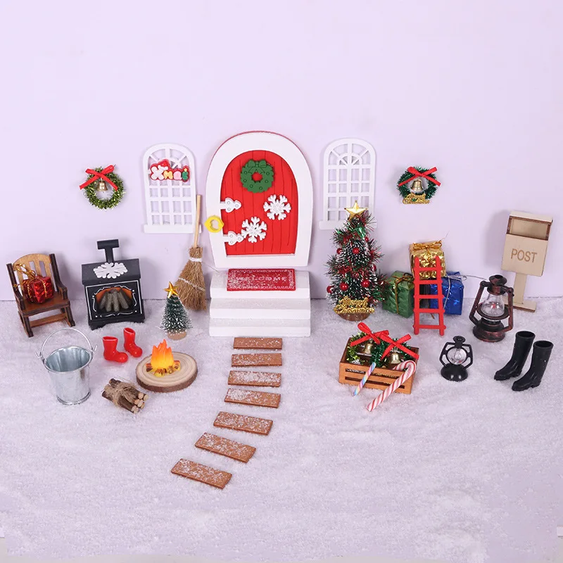 Christmas Wooden Elf Fairy Door Kit Tiny with Christmas Decoration Accessories for Mini House Furniture Christmas Decoration