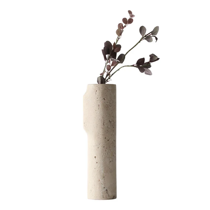 Travertine flower vase centerpiece flower pot planter handcraft life long decor beige stone pot countertop living room Hot