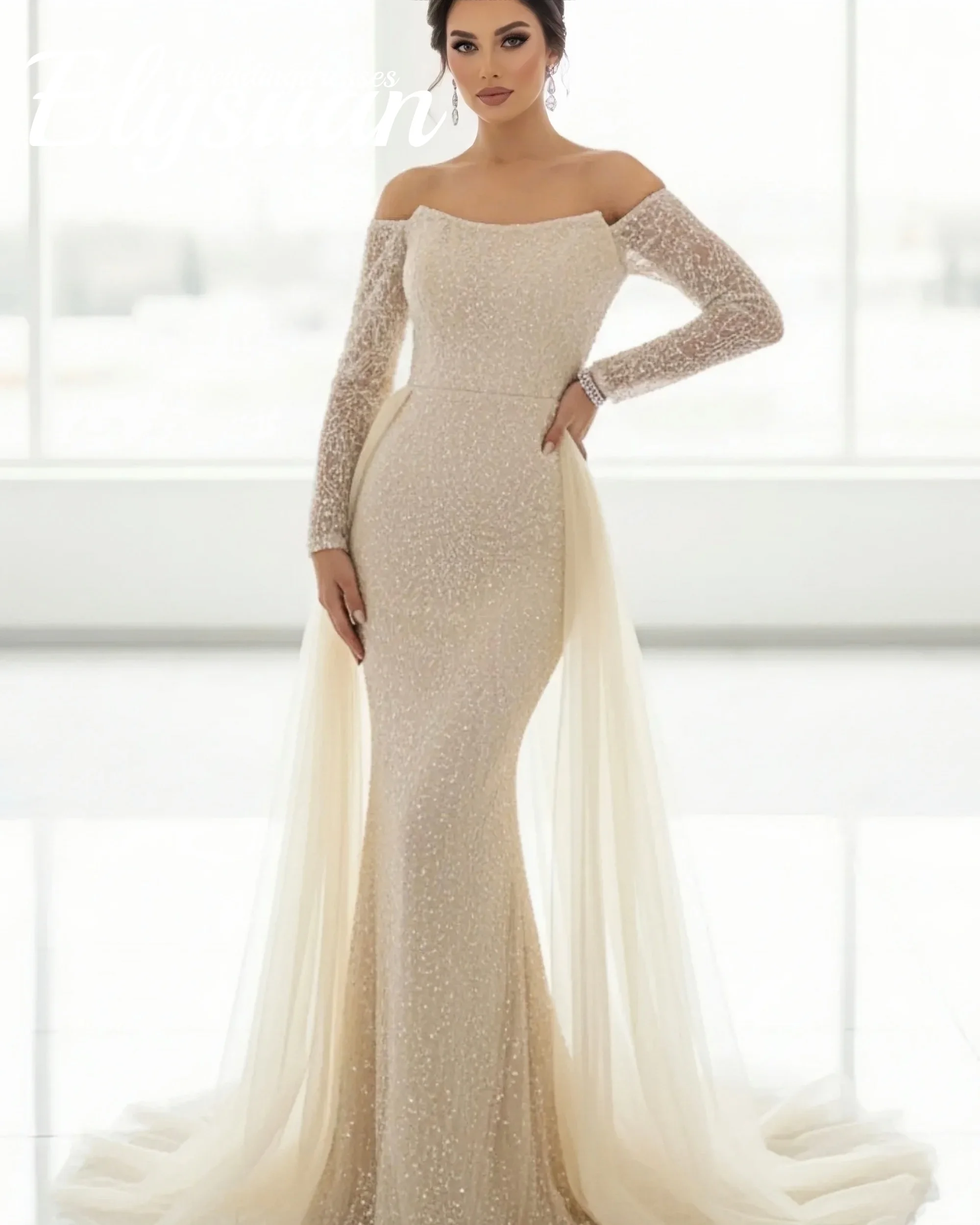 

Customized 2 In 1 Detachable Wedding Dress Long Sleeve Fashion Beaded Mermaid Bridal Gown Princess Vestido De Novia Vestidos De