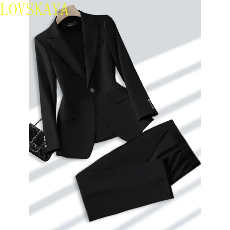 Women Formal Pant Suit Beige Khaki Pink Ladies Blazer Jacket +Trouser Fashion Office Business Work Wear 2 Piece Set