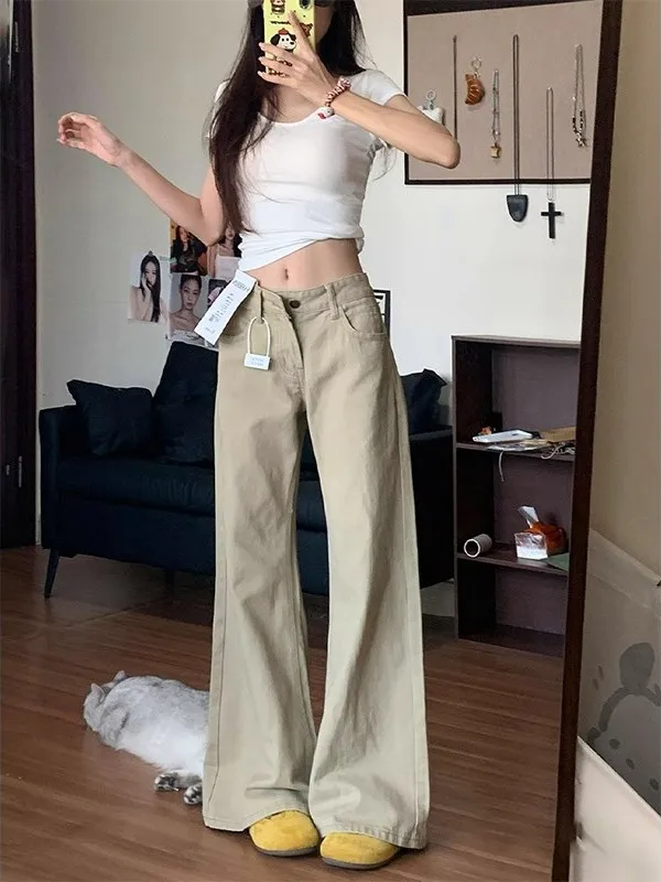 

American Khaki Low Waist Wide Leg Bell Bottom Jeans Women's Small Size Slimming Loose Drapey Bell Pants Commute Style