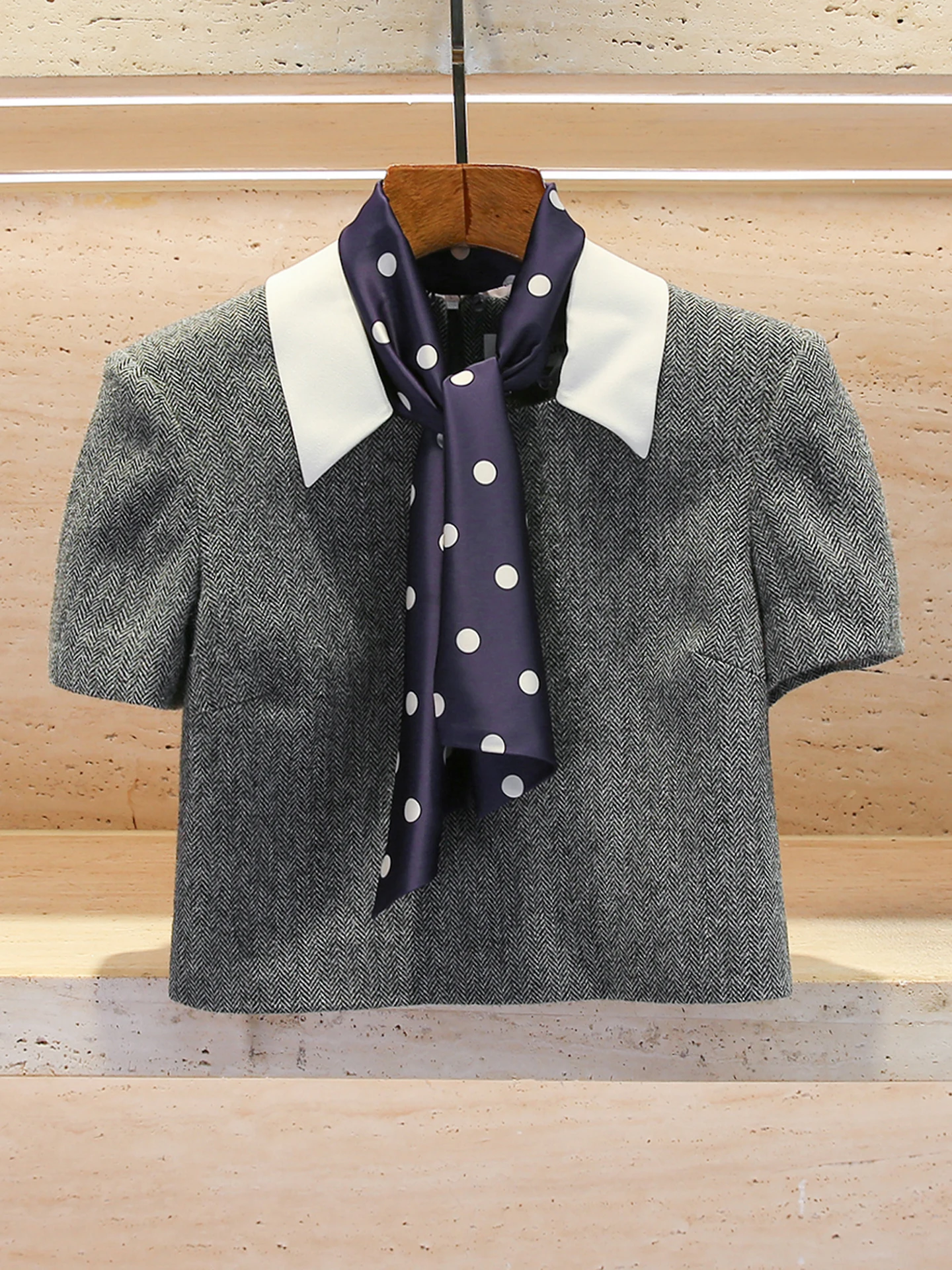 

Топ French Sle ort irt для женщин осень-зима с отложным воротником в горошек, обычный све, подлегающий топ, микрострейч