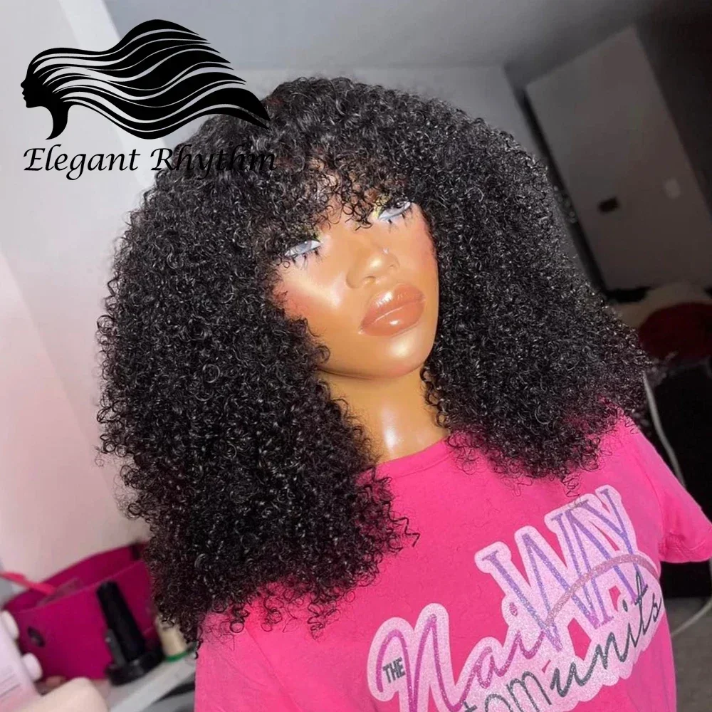 Glueless Afro Curly Human Hair Wigs With Bangs For Black Women 200% Density Kinky Curly Virgin Human Hair Wig With Bangs