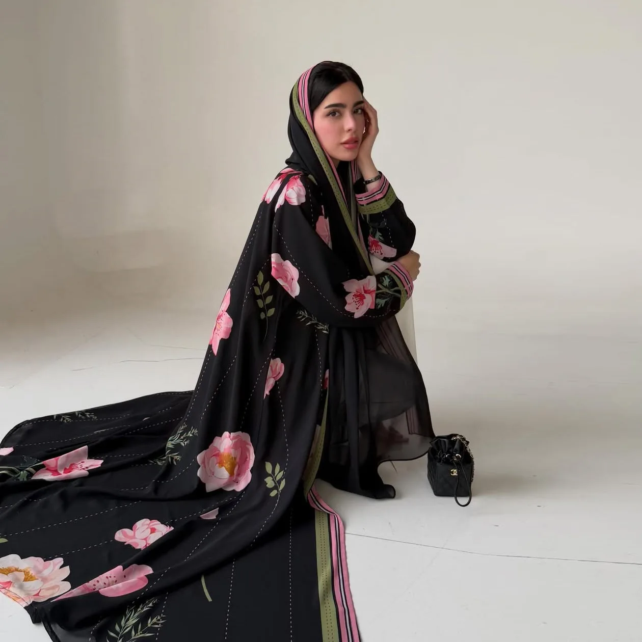 Abaya Hijab Women Eid Flower Print Dress Muslim Cardigan Robe Khimar 2 Piece Set Jalabiya Ramadan Morocco Dubai Vestidos Kaftan