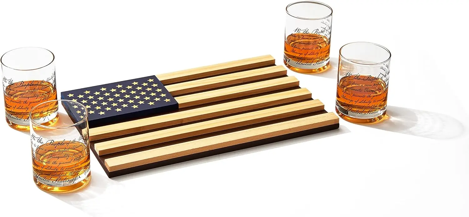 Whiskey Glasses \u2013 United States Constitution - Wood  Tray & Set of 4 We The People 10oz America Glassware, Old Fashione