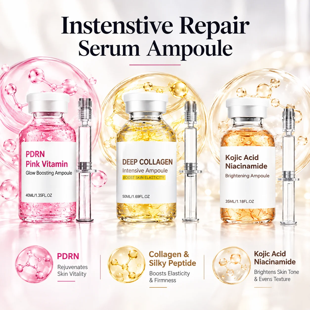 Glow Intensive Ampoule:Deep Collagen Silk Peptide Serum,Pink PDRN Ampoule,Intensive Activation Refining Texture Korean Skin Care