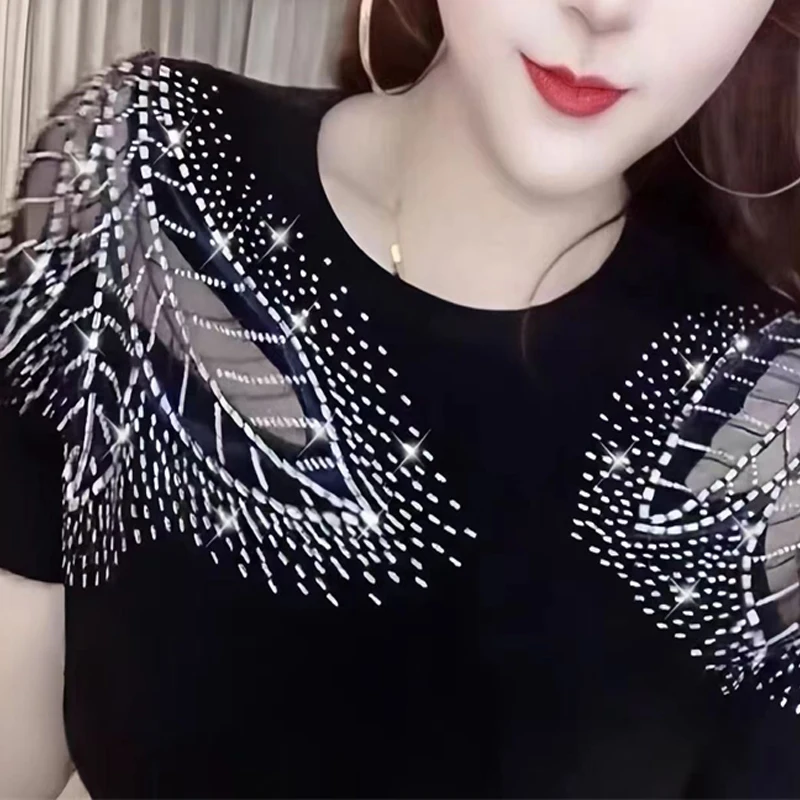 Women Clothing 2024Summer Korean Fashion Sexy Mesh Patchwork Rhinestone T-shirt Elegant Black White Short Sleeve Slim Basic Tops