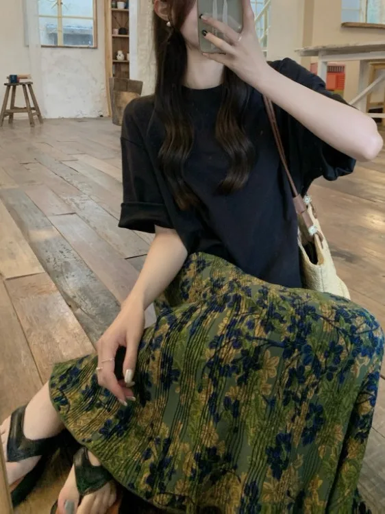 Długa spódnica damska w kwiaty, w stylu vintage, z wysokim stanem, w kształcie litery A, nowa kolekcja wiosenna, koreański styl, do pracy, spódnica w kwiaty.