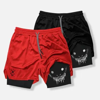2024 novo treinamento de fitness masculino shorts magros demônio impressão verão 2 em 1 secagem rápida ginásio praia jogging shorts ao ar livre sportwear