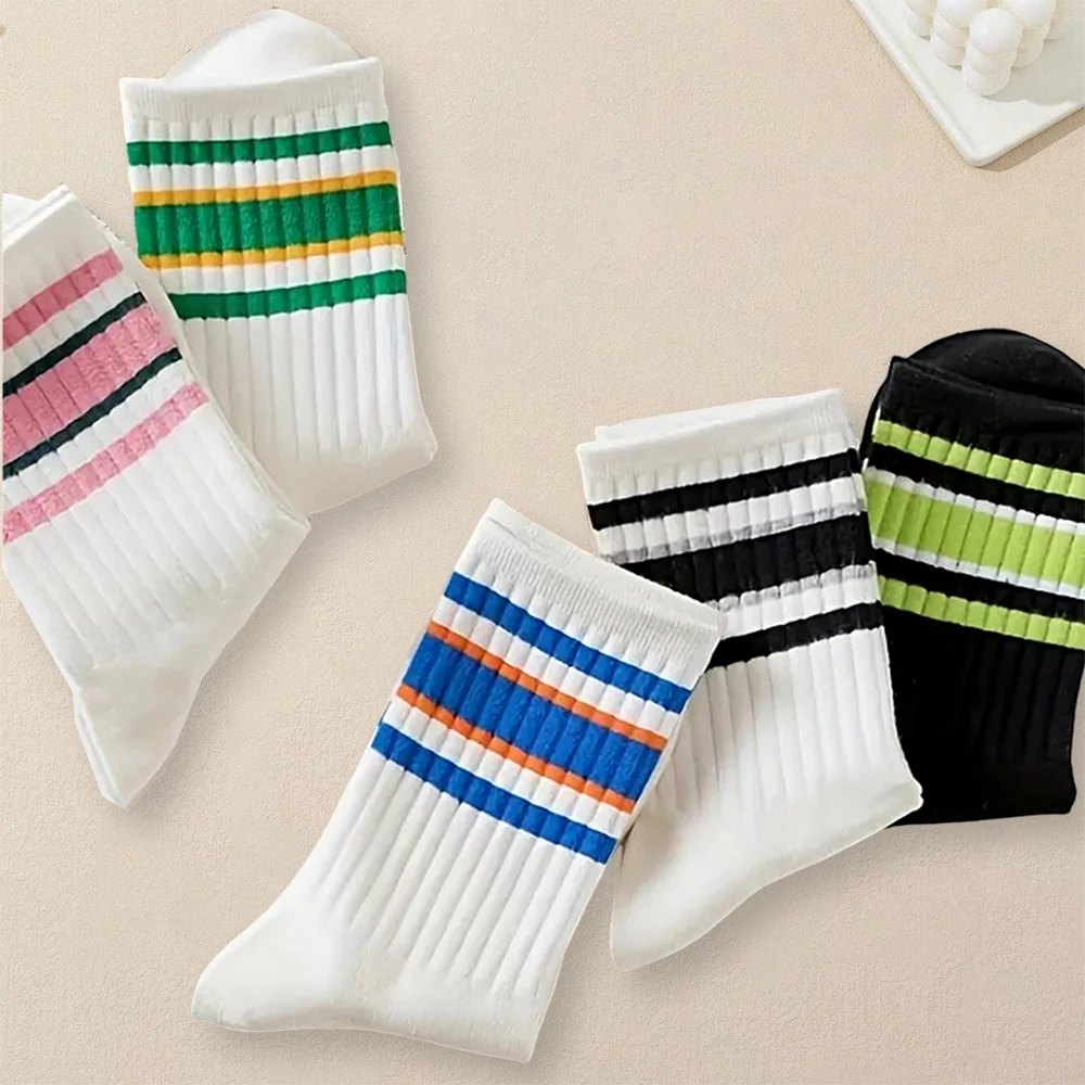 5 paires de chaussettes rayées à barre parallèle pour hommes, polyvalentes, à la mode, créatives, douces, confortables, légères, décontractées, de longueur moyenne