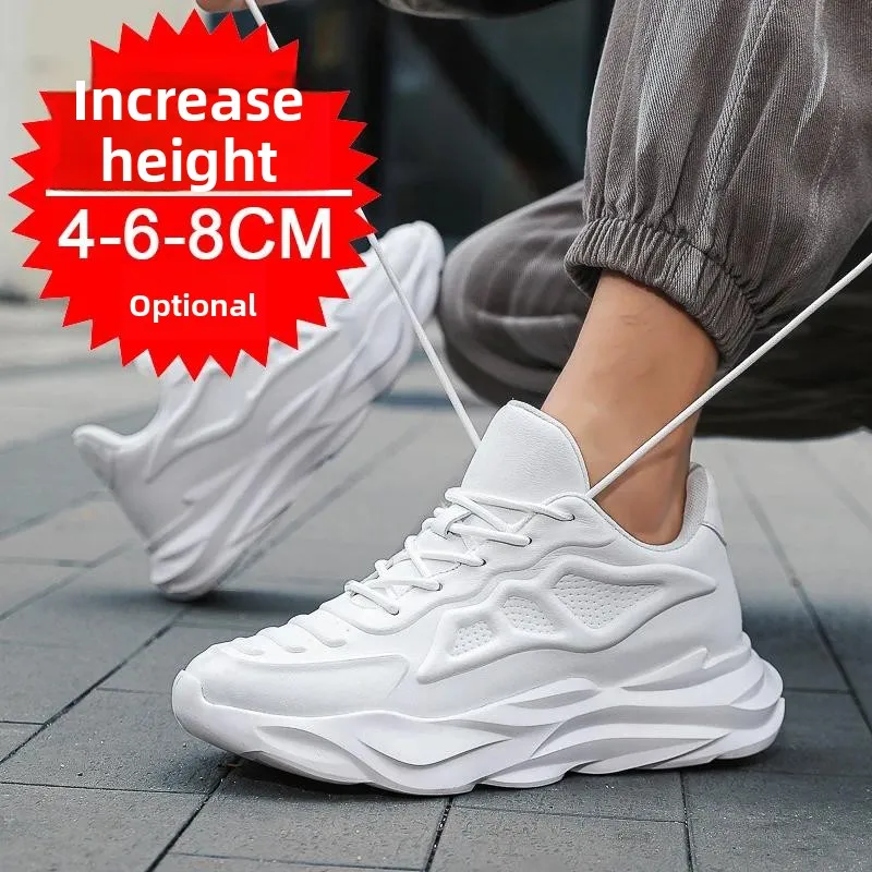 Men's Invisible Height Increasing Elevator Shoes White/Black Sole Ultra Lace-up Sporty Walker 8cm Taller Hidden Heel Shoes 6cm
