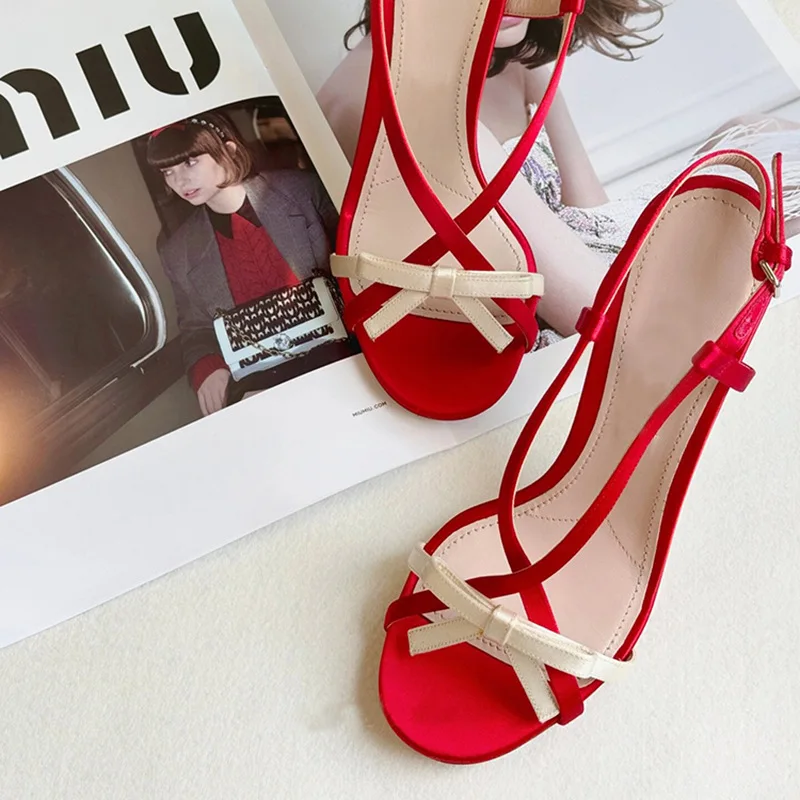 Sweet Bowknot Open Toe Thin Heeled Sandals Women 2024 Summer Sexy Narrow Buckle High Heels Elegant Wedding Dress Shoes Red Pumps