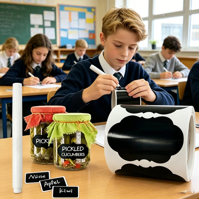 120Pcs/Roll 3-Shape Chalkboard Labels,1.4×2.2in Waterproof Removable Stickers with Erasable Pen for Kitchen & Home Storage