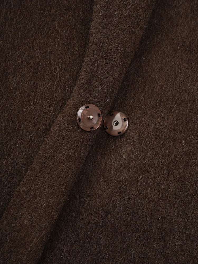 [EAM] Brown Big Size Thick Long Woolen Coat New Stand Collar Long Sleeve Women Jacket Fashion Tide Autumn Winter 2024 CPG2349