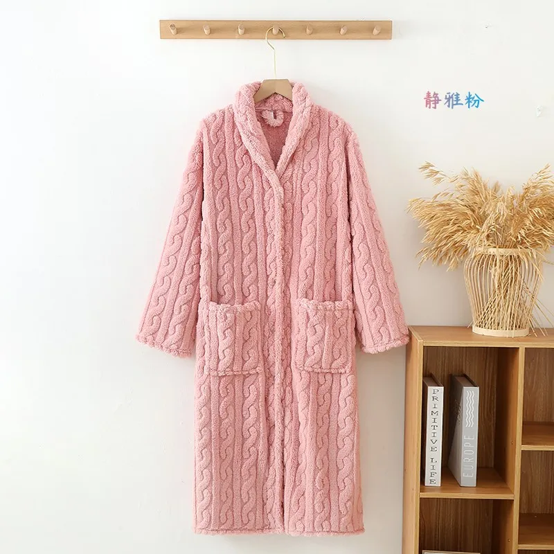 women's fleece bathrobe solid thick winter long sleeve ladies dressing gown with pockets warm flannel bath robe for female