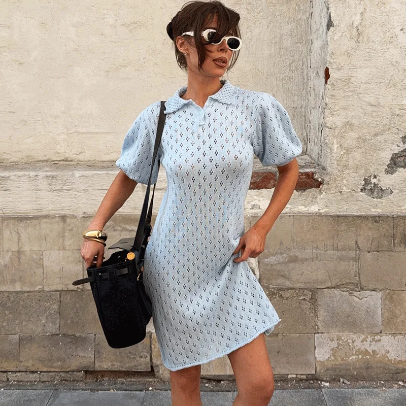 

Ticketsx Women's Hollow Out Knit Dress Elegant Summer Solid Lapel Patchwork Mini Dress Fashion New Commute Vacation Female Dress