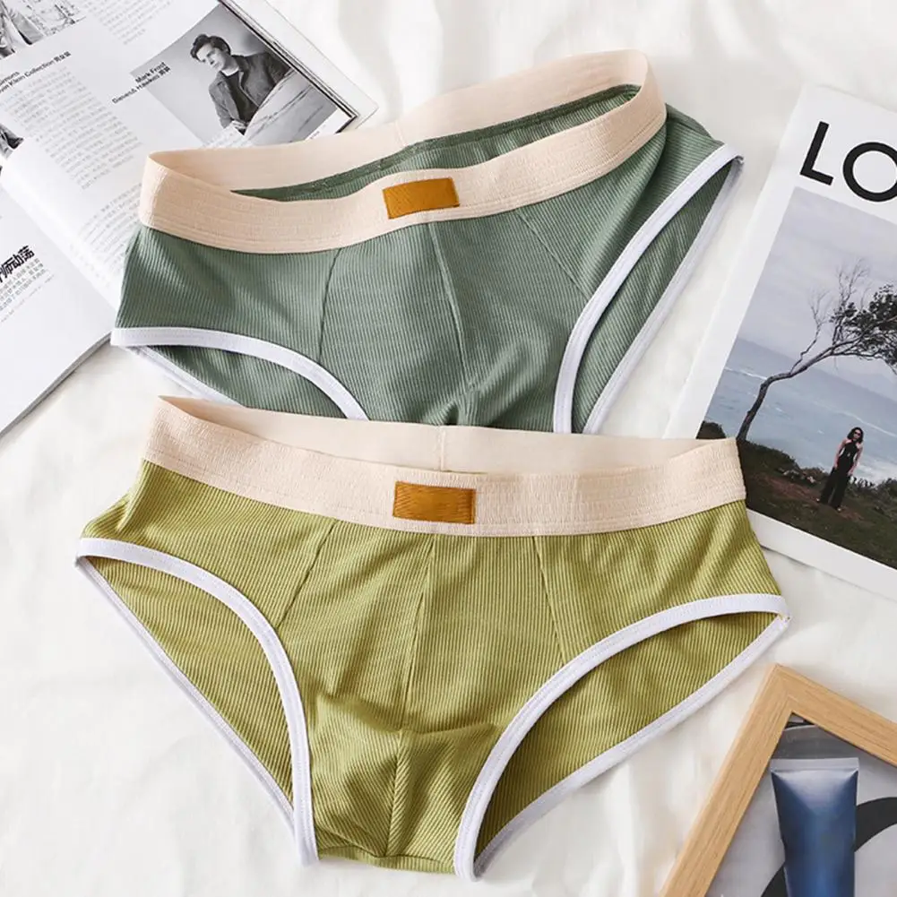 Triangle Style Men Briefs Mid-rise Elastic Waist Patchwork Color Ribbed Panties U-Convex Triangle Style Underwear Daily Wear