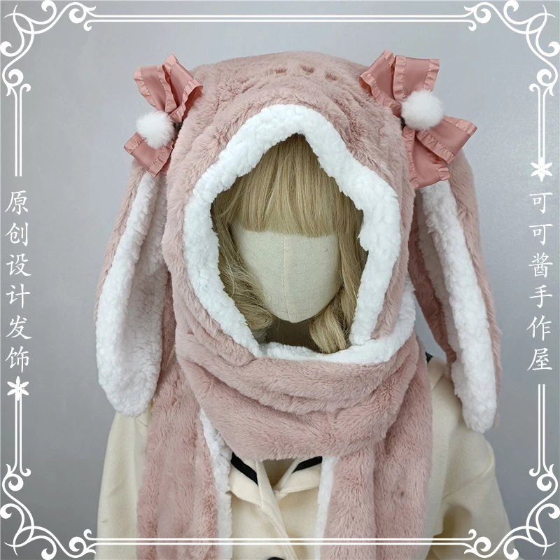 Japanese lolita bunny ears kawaii cute plush hat scarf gloves triad cycling cap students winter hats