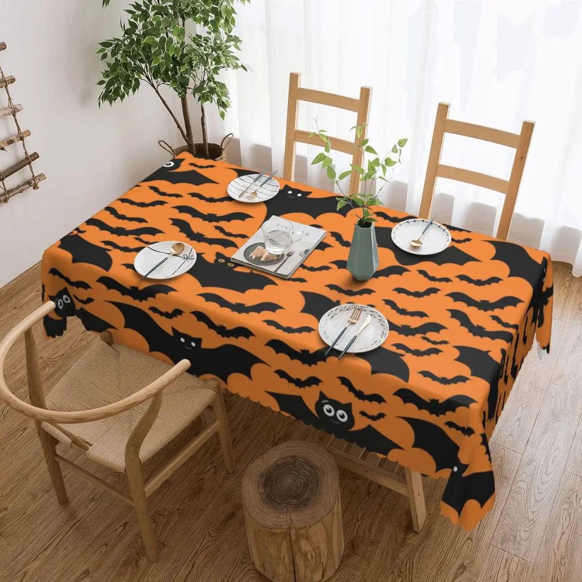 Customized Rectangular Waterproof Oil-Proof Halloween Bat Repeating Pattern Tablecloth Table Covers 40