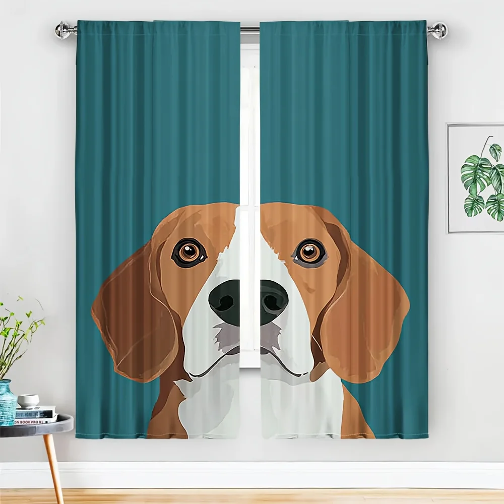 2pcs Beagle Split-Face Curtains No Rod  Flat Vector Dog Illustration Teal Blackout for Living Room Bedroom Kids Room Pet Home