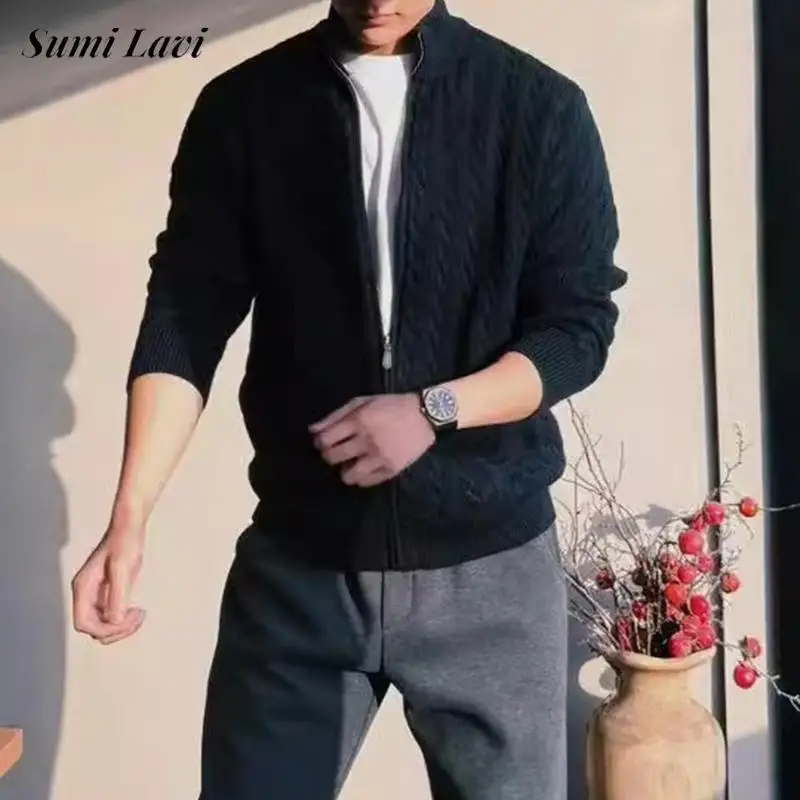 

Vintage Twist Textured Knitted Jacket Mens Spring Fall New Casual Stand Collar Zip-up Sweater Coat Men Fashionable Sweatercoats