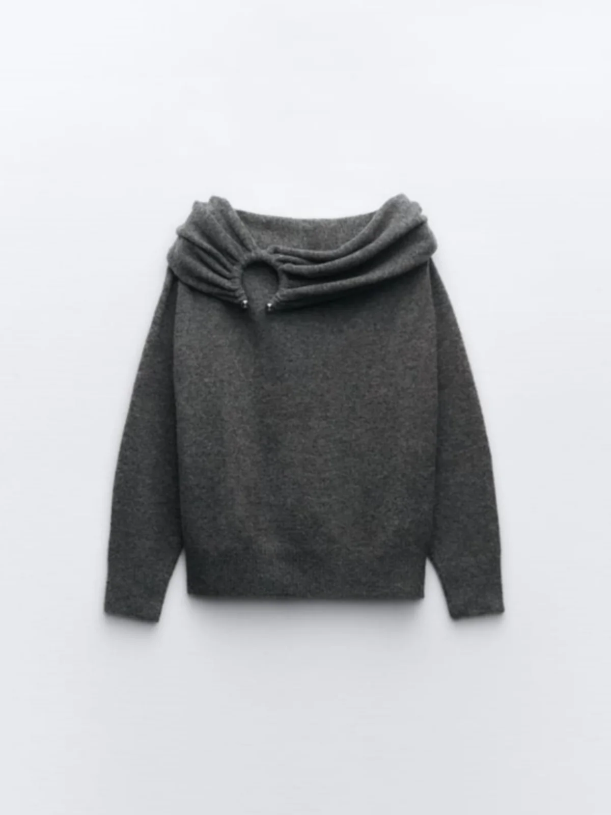 

ZAR Women's Knitted Folded oulder Metal Embellied Sweater Sweet Sle Long Sve Regular Thin Pure Color Autumn Winter