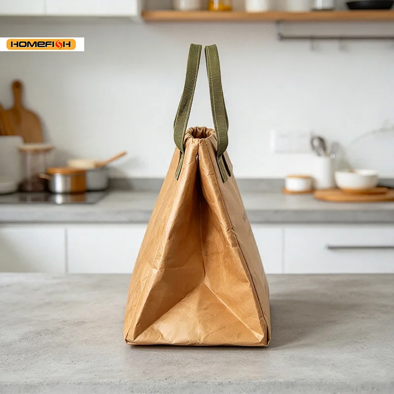 HOMEFISH Kraft Paper Insulated Lunch Bag, Custom Portable Thermal Bento Cooler Bag for Office Workers Food Storage